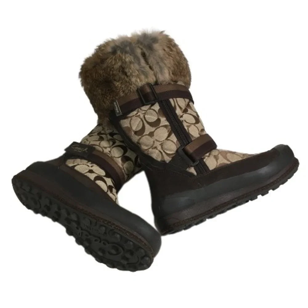 Coach Mariette Winter Snow Boot Sz 6M A7185 Signature Canvas Suede Fur Trim
